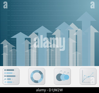 Geschäftliche blauer Hintergrund mit vier Symbole und Pfeile Stockfoto