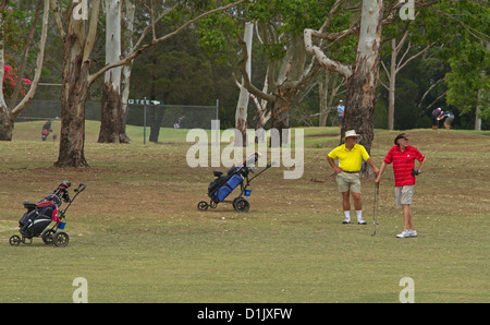 Golfer mit Golf-Buggies und Clubs, die ein Spiel auf dem Golfplatz Stockfoto