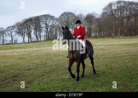 Horwich bei Bolton, Lancashire Mittwoch, 26th. Dezember 2012: Susan Simmons ist die Senior Lady Master of the Holcombe Hunt, auf ihrem Pferd Taffy, in Rivington, wo Pferde und Reiter zur jährlichen Boxing Day Hunt zusammenkommen. Stockfoto