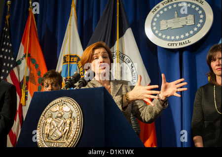 Stadtrat Sprecher Christine Quinn, in Begleitung von Mitgliedern des Stadtrates, spricht auf einer Pressekonferenz Stockfoto