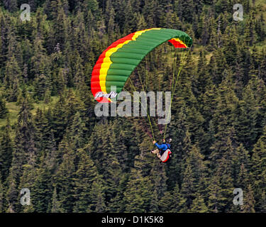 30. Juni 2012 steigt - Girdwood, Alaska, USA - A Gleitschirm im Flug, nach dem Start von der Nordwand des Mt Alyeska, über die hoch aufragenden Fichten in Girdwood Tal sitzt in einem Kabelbaum unter den bunten Stoff Flügel aufgehängt. Mt. Alyeska, der größten Skiberg im Zustand, liegt in Girdwood, Alaska, 27 Meilen (44Â km) von Anchorage, ein Lieblings Startplatz für Gleitschirmflieger. (Kredit-Bild: © Arnold Drapkin/ZUMAPRESS.com) Stockfoto