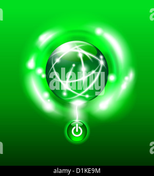 Grüne Energie Globe Design vor einem dunklen Hintergrund mit Start-Button Stockfoto
