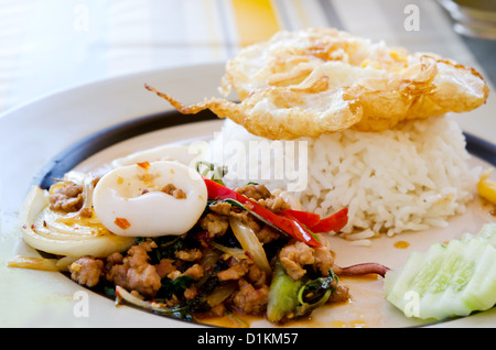 Stir Fry Tintenfisch, Hackfleisch Schwein und gebratenes Ei auf Reis Stockfoto