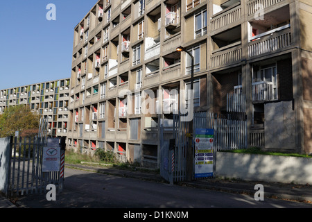 Park Hill Flats in Sheffield, England, Großbritannien, verlassene Sozialwohnungen, die auf Sanierung warten, Gebäude der Klasse II*, die unter die Liste der modernen Betonarchitektur gestellt wurden Stockfoto