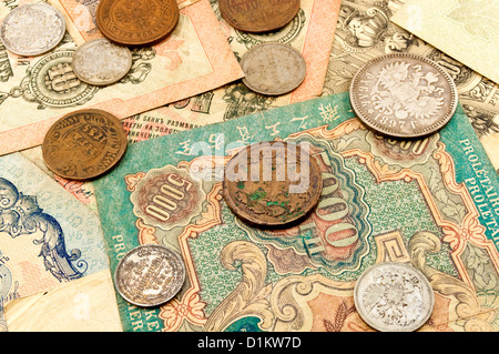 Die alten Banknoten und Münzen Stockfoto