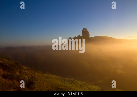Corfe Castle in der Morgendämmerung an einem nebligen herbstlichen Morgen, Dorset, England, UK Stockfoto