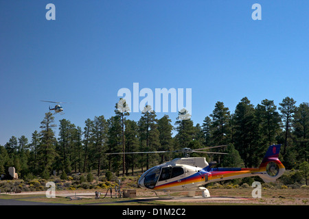 Touristen im Abflugbereich für Papillon Helikopter Ausflug, South Rim, Grand Canyon National Park, Arizona, USA Stockfoto