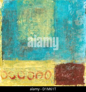 Abstrakte Malerei mit roten und goldenen und blauen Farben. Stockfoto