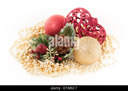 Schön glänzend und funkelnd rot und Gold Weihnachtsschmuck isoliert auf weißem Hintergrund Stockfoto