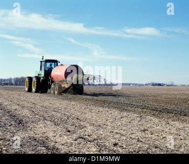 VERBREITUNG VON GÜLLE AUF SOJA STOPPELN / IOWA Stockfoto