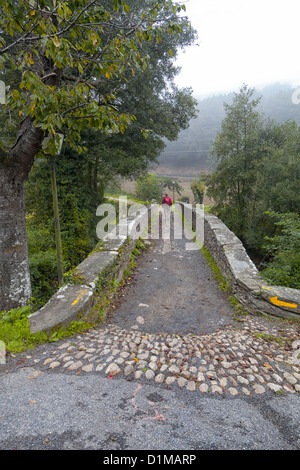 Alte steinerne Römerbrücke markiert mit dem gelben Pfeil Weg von St. James Camino Santiago De Compostela Pilger-Route Stockfoto