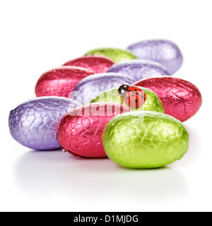 Pralinen Ostereier mit Marienkäfer-Clipping-Pfad enthalten in Folie verpackt. Stockfoto