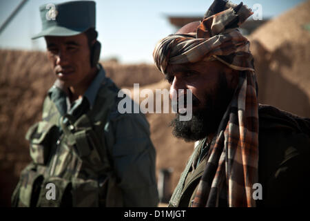 Mitglied Koalition Kraft feuert Markus 44 Minigun während live Fire Training auf einem Sockel in der Provinz Farah, Afghanistan, 29. Dezember 2012. Die Streitkräfte der Koalition, die Durchführung der Ausbildung werden eingesetzt, um zu trainieren und mentor afghanischen nationalen Sicherheitskräfte in ihrem Betrieb. Afghanischen nationalen Sicherheitskräfte haben die Führung in Sicherheits-Operationen mit Koalitionstruppen als Mentoren bringen Sicherheit und Stabilität für die Menschen in der islamischen Republik Afghanistan.U.S statt. Marine Corps Foto Stockfoto