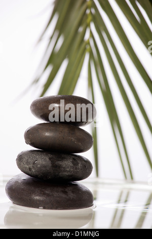 Grüne Blätter über Zen Stones Pyramid auf Wasseroberfläche Stockfoto