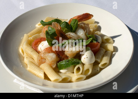 Riesengarnelen, serviert mit gerösteten Cherrytomaten, Bocconcini, frisch Slice Chili und Basilikum Stockfoto