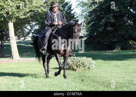 Ein Cowboy auf einem Pferd ziehen einen Weihnachtsbaum Stockfoto