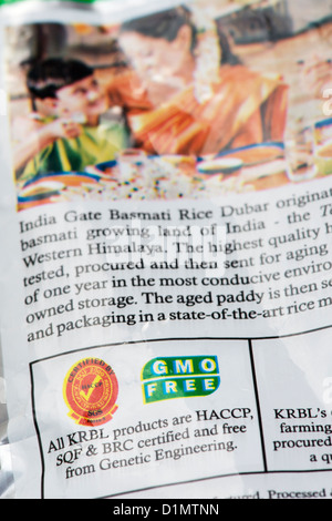 Indische Genetisch veränderter Organismus frei, Paket essen Label. Gentechnikfreie Stockfoto