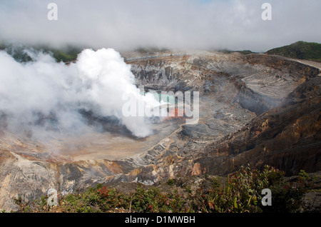 Schwefelsäure-Emission Gaswolke steigt aus dem aktiven Krater im Poás Vulkan Nationalpark, Provinz Alajuela, Costa Rica. Stockfoto