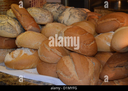 Nahaufnahme von sortiert rustikale Brote auf dem Display auf Hotel-Buffet-Tisch in Boa Vista, Kap Verde Inseln. Stockfoto