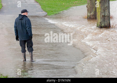 Hereford, Großbritannien. 30. Dezember 2012. Ein Mann verhandelt einen überfluteten Weg. Familien machen Sie das beste von überfluteten König George V Recreation Ground in Hereford. Die Einheimischen sagen, dass die Flut zu den höchsten liegen, dass sie dieses Jahr gesehen habe. Umleitungen sind auf den Straßen zwischen Hereford und Brecon. Foto von Graham M. Lawrence/Alamy Live-Nachrichten Stockfoto