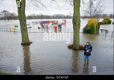 Hereford, Großbritannien. 30. Dezember 2012. Es steht eine Frau im Wasser überflutet. Familien machen Sie das beste von überfluteten König George V Recreation Ground in Hereford. Die Einheimischen sagen, dass die Flut zu den höchsten liegen, dass sie dieses Jahr gesehen habe. Umleitungen sind auf den Straßen zwischen Hereford und Brecon. Foto von Graham M. Lawrence/Alamy Live-Nachrichten Stockfoto