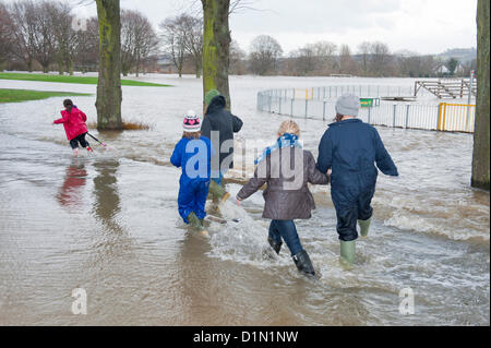 Hereford, Großbritannien. 30. Dezember 2012. Familien machen Sie das beste von überfluteten König George V Recreation Ground in Hereford. Die Einheimischen sagen, dass die Flut zu den höchsten liegen, dass sie dieses Jahr gesehen habe. Umleitungen sind auf den Straßen zwischen Hereford und Brecon. Foto von Graham M. Lawrence/Alamy Live-Nachrichten Stockfoto