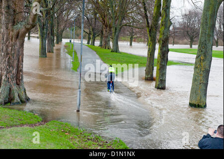 Hereford, Großbritannien. 30. Dezember 2012. Familien machen Sie das beste von überfluteten König George V Recreation Ground in Hereford. Die Einheimischen sagen, dass die Flut zu den höchsten liegen, dass sie dieses Jahr gesehen habe. Umleitungen sind auf den Straßen zwischen Hereford und Brecon. Foto von Graham M. Lawrence/Alamy Live-Nachrichten Stockfoto