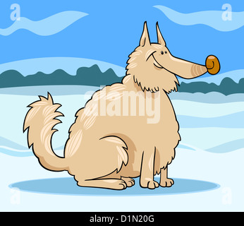 Cartoon Illustration der zottigen Eskimo Rassehund oder Spitz oder Schäferhund gegen Winter-ländliche Szene mit Schnee Stockfoto