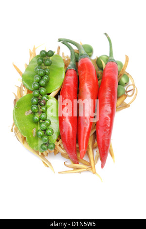 Thailändische Gewürze (Kaffir Limetten Blätter, Fingerwurz, Chili, Erbsen, Auberginen) Stockfoto