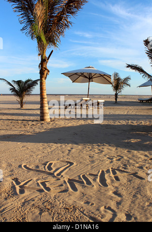 Geschrieben in den Sand auf einem Strand, Malindi, Kenia, Ostafrika Kenia Stockfoto