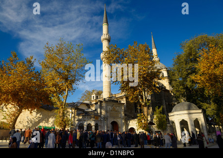 Menge nach grünen Kästchen im Trauerzug bei Eyüp Sultan Moschee Istanbul-Türkei Stockfoto