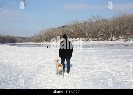 Ein Mann und ein Hund zusammen spazieren auf dem verschneiten Ufer eines Flusses in einem Hundepark in Minneapolis. Stockfoto