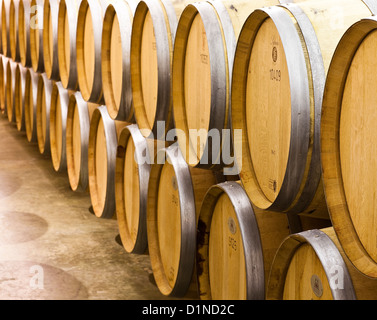 Reihen von Weinfässer im Keller. Stockfoto