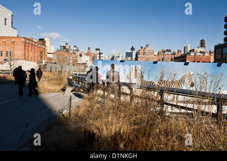 Die High Line, eröffnet 2009, ist ein Antenne urban Greenway Park auf einer erhöhten ehemaligen Schiene anspornen, West Side von Manhattan Stockfoto