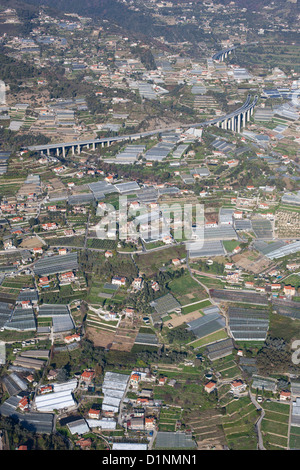 LUFTAUFNAHME. Gewächshäuser in der Landschaft am Stadtrand von San Remo. Provinz Imperia, Ligurien, Italien. Stockfoto