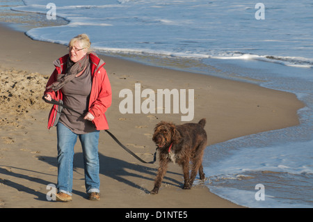 Frau zu Fuß Hund am Strand von Swanage in Wintersonne Stockfoto