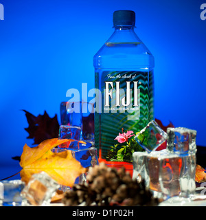 Fiji Wasser in kalten, blauen Einstellung mit Eiswürfel und Blätter im Herbst Stockfoto