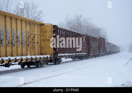 Güterzug fährt über Schneesturm im US-Bundesstaat New York, USA. Stockfoto