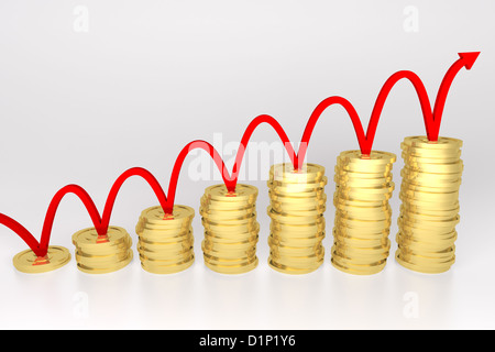 3D Render Illustration rote Linie Prellen auf Stapel Goldmünzen Graphen. Stockfoto