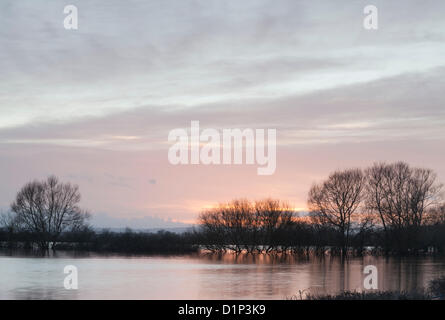 Muchelney, Somerset, UK. 1. Januar 2013. Starker Regen am Vortag bedeuten, die das Hochwasser aus dem Fluss Yeo weiterhin tauchen in der Nähe der Felder. Das Dorf Muchelney bleibt Schnitt aus durch überflutete Straßen. Stockfoto