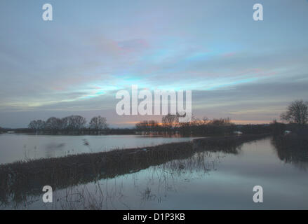 Muchelney, Somerset, UK. 1. Januar 2013. Starker Regen am Vortag bedeuten, die das Hochwasser aus dem Fluss Yeo weiterhin tauchen in der Nähe der Felder. Das Dorf Muchelney bleibt Schnitt aus durch überflutete Straßen. Stockfoto