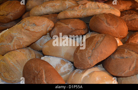 Nahaufnahme von sortiert rustikale Brote auf dem Display auf Hotel-Buffet-Tisch in Boa Vista, Kap Verde Inseln. Stockfoto