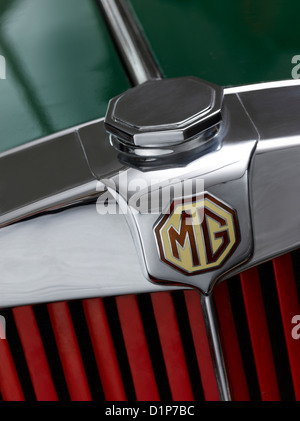 Nahaufnahme des Logos auf 1949 MG, Modell TC-grill Stockfoto