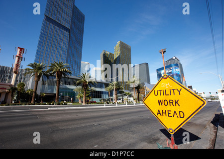 Dienstprogramm arbeiten voraus Roadsign am Las Vegas Boulevard Nevada USA Stockfoto