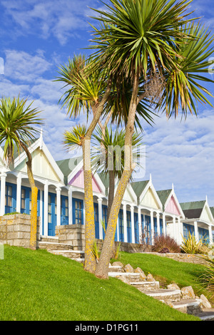 Badehäuschen in Greenhill Gärten auf der Esplanade Promenade direkt am Meer Weymouth Dorset England UK GB EU Europa Stockfoto