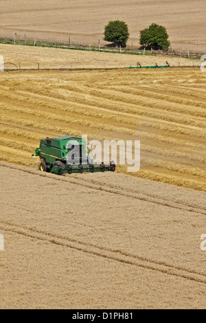 Mähdrescher bei der Arbeit in Bereichen unterhalb Maiden Castle, in der Nähe von Dorchester, Dorset, Großbritannien Stockfoto
