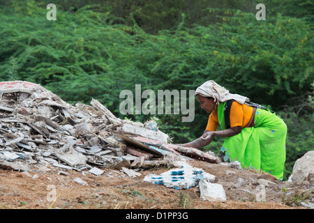 Indische Frauen Holz sammeln von weggeworfenen Gips Formteile in den ländlichen indischen Landschaft entleert. Andhra Pradesh. Indien Stockfoto