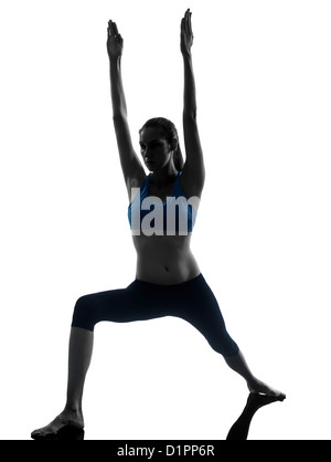 eine Frau, die Ausübung von Yoga im Silhouette Studio isoliert auf weißem Hintergrund Stockfoto