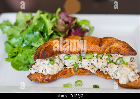 Ein Huhn, Salat Sandwich auf ein Croissant mit einem Salat serviert. Stockfoto