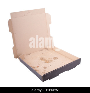 Leere Pizza-Schachtel mit Pizza Flecken isoliert auf weiss Stockfoto
